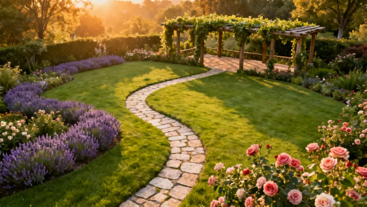 Jardin verdoyant au coucher du soleil